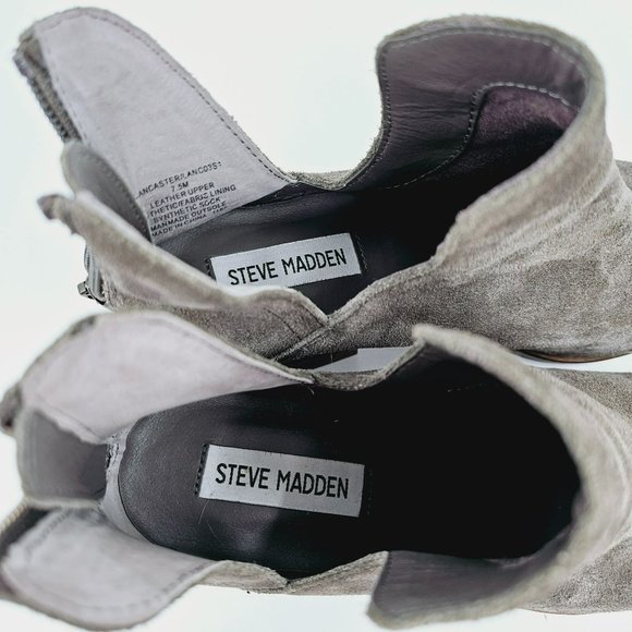 Steve Madden Lancaster Bootie 7.5 Grey Suede Leather Stacked Block Heel Zip Back - Picture 3 of 13